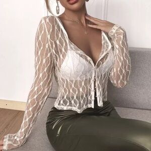 Lace Button-Up Blouse in Cream